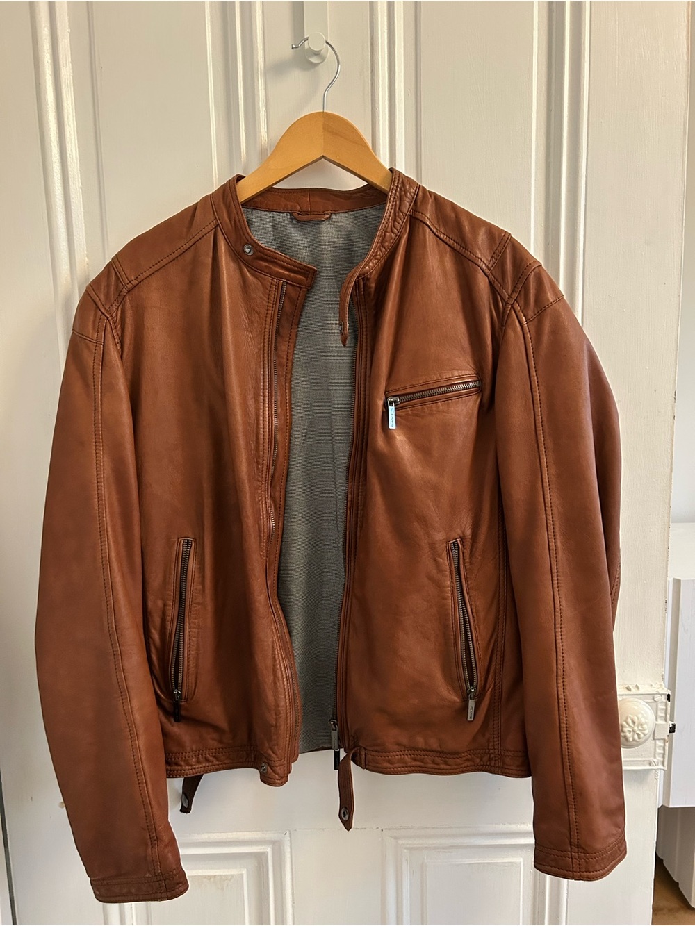SAND Men's Tan Brown Leather Bomber Jacket